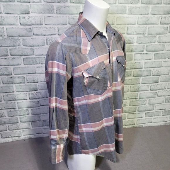Vintage 70s H Bar C Ranchwear Mens 16-35 Lightweight Plaid Pearl Snap L/S Shirt - Picture 2 of 5